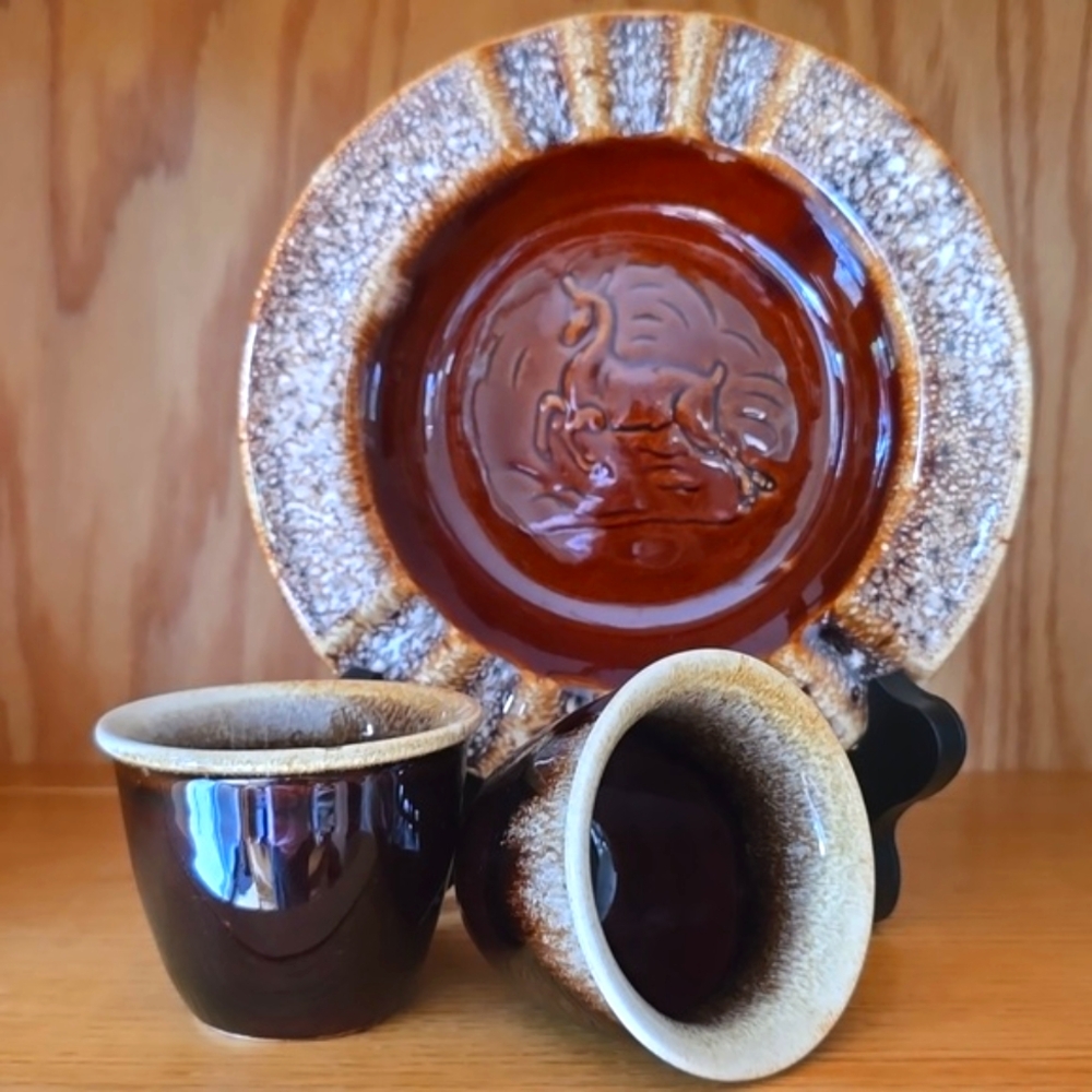 Brown Drip Custard Cups Set Of 2 Mid Century Kitchen Artsy Earthy Minimalist